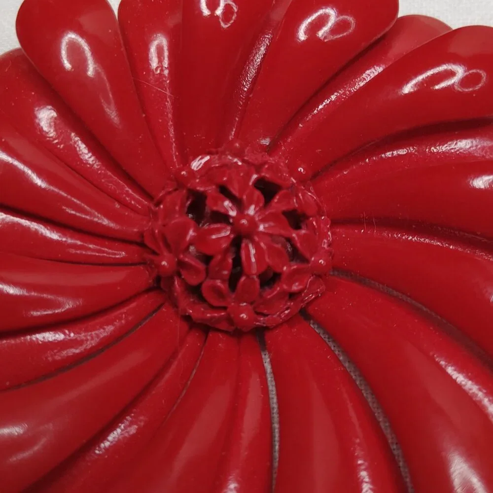 1960s Red Enamel Flower Brooch • Tiered Petals & Filigree Center • 3”